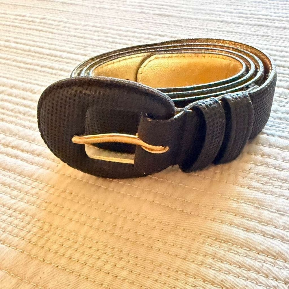 Calderon‎ Vintage Womens Black Textured Belt Gold Lining Round Buckle Size S